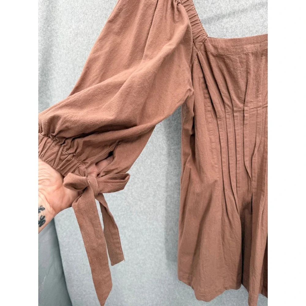 Free People Cerise Mini Dress Women M Brown Boho Puff Sleeve Square Neck Cotton